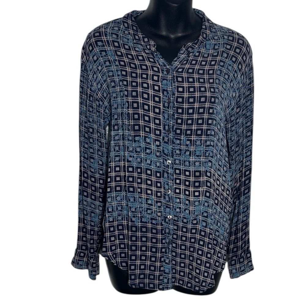 Free people women's small top manderine collar button up geometric boho floral